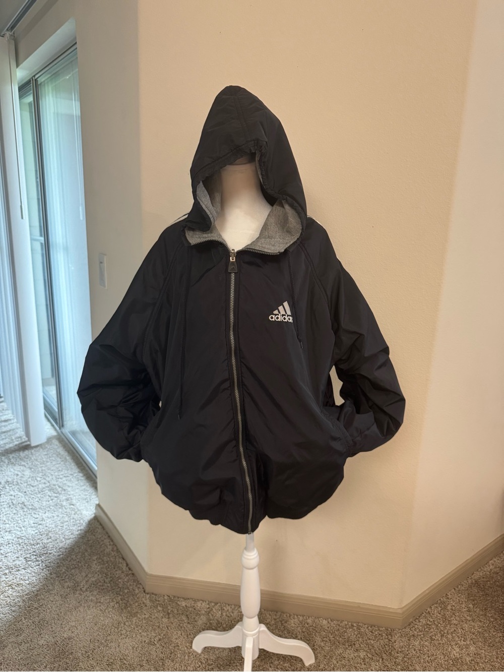 Reversible Vintage Adidas Black Hooded Puffer Jacket with Gray Lining